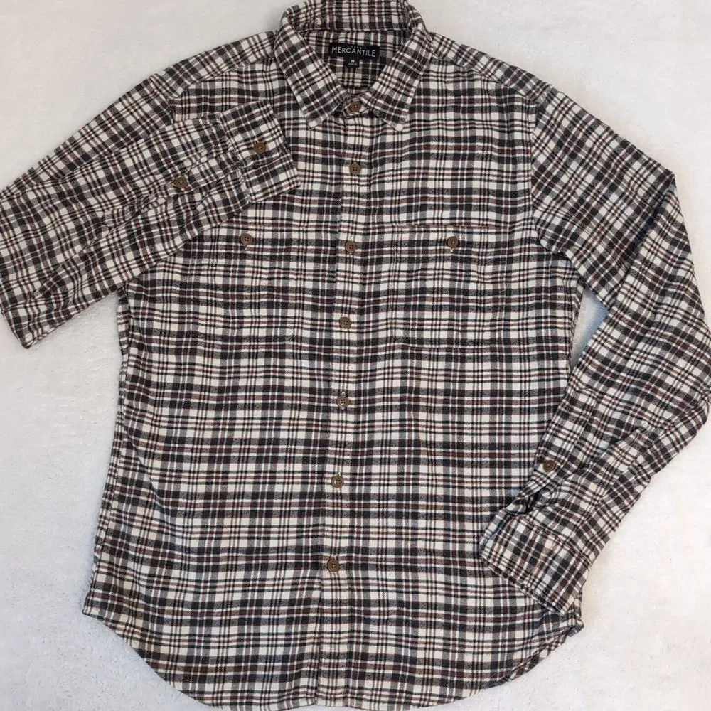 J.Crew Mercantile‎ Brushed Flannel Shirt Men's Medium Plaid Brown Double Pocket